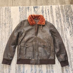 Men's Brown Leather Jacket with Rust Collar